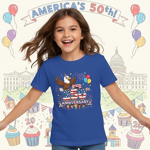 American 250 Mädchen-T-Shirt zum 250-jährigen Jubiläum mit 3D-Grafik, Kurzarm, 3D-Druck, Sommer-Frühlings-Sportmode, Streetwear, Kinder 4-12 Jahre, Rundhalsausschnitt, lässig, für Alltag und Image