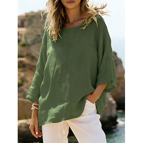 Damen Hemd Baumwoll-Leinen-Hemden Bluse Einfach Stilvoll Klassisch Modern Langarm Rundhalsausschnitt Normale Oberteile Täglich Ferien Ausgehen Blau Gras-Grün Schwarz Weiß Rosa Frühling Herbst Image