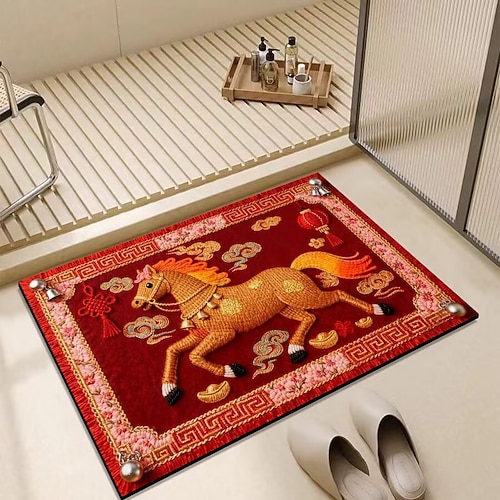 Rote Badematte zum chinesischen Neujahr, Jahr des Pferdes, weiche Kieselgurmatte, festlich, saugfähig, rutschfest, für WC und Dusche Image