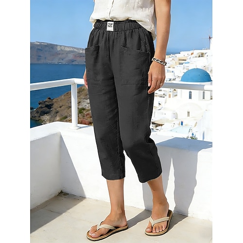 Damen Hose aus Baumwollleinen Stoffhosen Baggy-Hosen Abgeschnittene Hose solide Klassisch Knöchellang Mittlere Taille Tasche Baggy Elastisches Kordelzugdesign Komfort Atmungsaktivität Weich Image