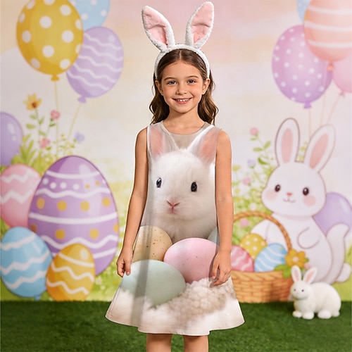 Ostern Mädchen' 3D Grafik Kaninchen Kleid Ärmellos 3D-Druck Sommer Frühling Täglich Urlaub Party Lässig Prinzessin Schön Kinder 4-12 Jahre Freizeitkleid Shiftkleid Knielang Normale Passform Image