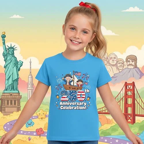 American 250 Mädchen 3D Grafik 250-jähriges Jubiläum T-Shirt Kurzarm 3D-Druck Sommer Frühling Sport Mode Streetwear Kinder 4-12 Jahre Rundhalsausschnitt Lässig Täglich Outdoor Normale Passform Image