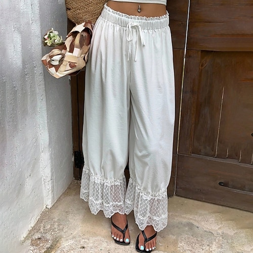 Damen Hose Sommerhose Strandhose Urlaub Mode Alltagstauglich Volle Länge Hohe Taille Einfarbig Einfach Kordelzug Spitze Weites Bein Komfort Schnelltrocknend Weich Unelastisch Streetwear Strand Ferien Image