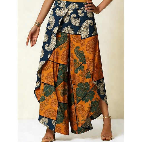 Damen Weites Bein Hosen Hose Freizeithose Urlaub Lässig Boho Volle Länge Mittlere Taillenlinie Grafik Paisley-Muster Geschichtet Asymmetrisch Weich Bequem Unelastisch Täglich Outdoor Urlaub Orange Image