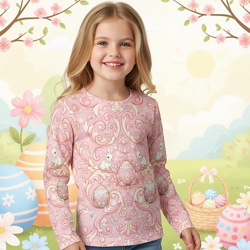 Ostern Mädchen 3D Grafik Kaninchen T-Shirt Langarm 3D-Druck Frühling Herbst Sport Mode Streetwear Kinder 4-12 Jahre Rundhalsausschnitt Lässig Täglich Outdoor Normale Passform Image