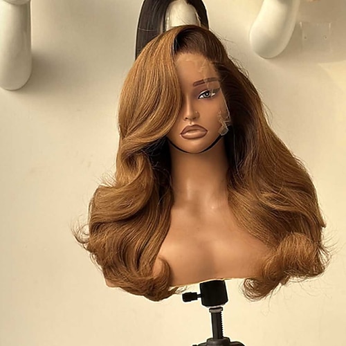 Echthaar 5x5 Verschluss 13x4 Spitzenfront Perücke Freier Scheitel Brasilianisches Haar Bodywave Hellbraun Mehrfarbig Perücke 150% 180% Haardichte mit Babyhaaren Ombre-Haar Natürlicher Haaransatz 100 Image