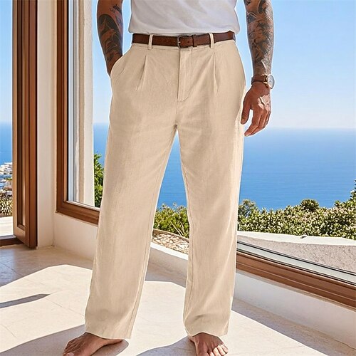 Herren Hose aus Baumwollleinen Hose Sommerhose Baggy-Hosen Strandhose Tasche Einfarbig Komfort Atmungsaktiv Volle Länge Lässig Täglich Outdoor Urlaub Mode Blau Schwarz Unelastisch Image