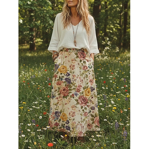 Damen-Urlaubsrock im Boho-Vintage-Stil, lässig, Maxirock mit mittelhohem Bund, Blumenmuster, nicht elastisch, gelb, Sommer, für Alltag und Freizeit Image