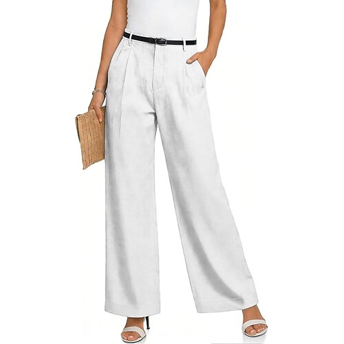 Damen Kunstbaumwollleinen Weites Bein Freizeithose Sommerhose Urlaub Streetwear Basic Volle Länge Mittlere Taillenlinie Einfach Tasche Atmungsaktivität Bequem Unelastisch Täglich Outdoor Urlaub Grau Image