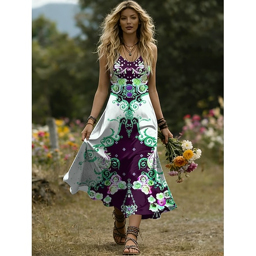 Damen Midikleid A Linie Kleid Lässig Täglich Normale Passform Blumen Grafik Ärmellos U-Ausschnitt Blau Gelb Purpur Grün Sommer Frühling Image