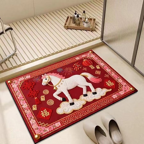 Rote Badematte zum chinesischen Neujahr, Jahr des Pferdes, weiche Kieselgurmatte, festlich, saugfähig, rutschfest, für WC und Dusche Image