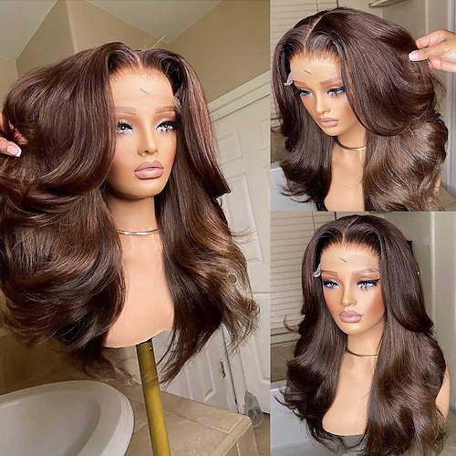 Echthaar 5x5 Verschluss 13x4 Spitzenfront Perücke Freier Scheitel Brasilianisches Haar Gewellt Braun Natürlich Perücke 150% 180% Haardichte mit Babyhaaren Natürlicher Haaransatz 100% Unbehandelt Image