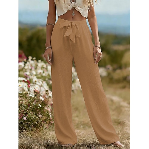 Damen 100% Baumwolle Weites Bein Hosen Hose Streetwear Lässig Lang Hohe Taille Einfach Tasche Hoher Schnitt Atmungsaktivität Weich Mikroelastisch Urlaub Straße Alltagskleidung Schwarz Weiß Hellgrün Image