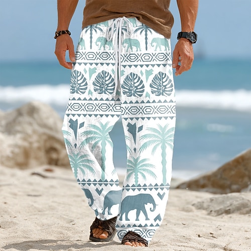 Herren Kokospalme Palmblatt Tropische Pflanzen Hose Baggy-Hosen Freizeithose Mittlere Taille Hawaiianisch Outdoor Urlaub Strandbekleidung Elastischer Kordelzug in der Taille Leinenähnliche Hose mit Image