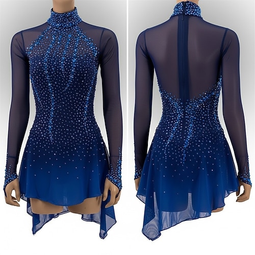 Eiskunstlauf Fleecejacke Eiskunstlaufkleid Damen Eislaufen Kleid Marineblau Patchwork Asymmetrischer Saum Dehnbar Training Wettbewerb Eiskunstlaufkleidung Klassisch Kristall / Strass Langarm Image