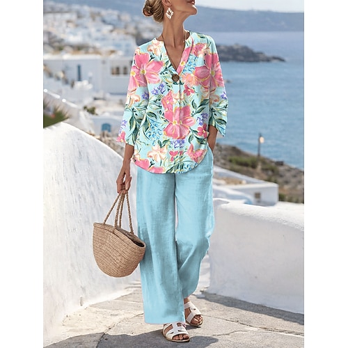 Damen Zweiteilige Sets Leinenähnliche Hosen Sets Bolero Top 3/4 Länge Ärmel V-Ausschnitt Floral Grafik Tierdruck Täglich Stylisch Freizeit Täglich Strand Blau Gelb Rosa Sommer Reguläre Passform Image