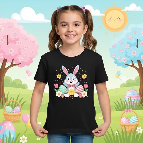 Oster-T-Shirt für Mädchen aus 100 % Baumwolle, blau, schwarz, weiß, mit Hasenmotiv, Rundhalsausschnitt, Kurzarm, für Urlaub und Sport Outdoor-Bekleidung für den Alltag, aktive Mode, lässige Prints, Image