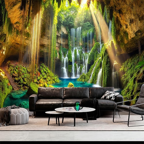 Wasserfall-Höhlen-Wandteppich, Naturlandschaft, tropischer Dschungel, grüner Wald, Zen-Wandkunst für Wohnzimmer, Schlafzimmer, Heimdekoration Image