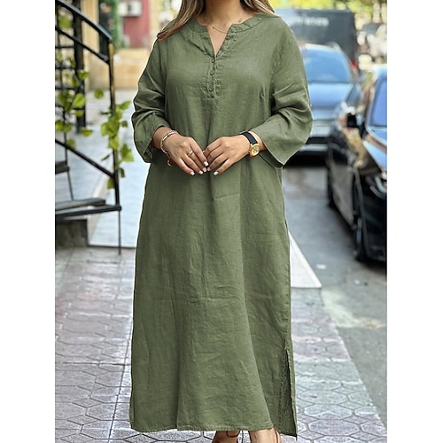 Damen Maxikleid Baumwoll-Leinen-Kleider Hemdblusenkleid Freizeitkleid Elegant Mode Modern Outdoor Urlaub Ausgehen Lässiger Schnitt Einfach Langarm V Ausschnitt Weiß Gelb Rote Burgunderrot Sommer Image