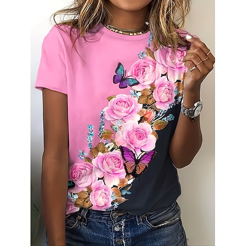Damen T Shirt Druck Blumen Grafik Pflanzen Vintage Stilvoll Klassisch Kurzarm Rundhalsausschnitt Rundhals Normale Oberteile Täglich Weiß / blau Rosa Grün Sommer Frühling Herbst Image
