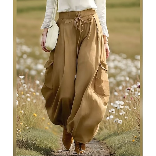 Damen Kunstbaumwollleinen Chinos Stoffhosen Sommerhose Urlaub Basic Volle Länge Hohe Taille Komfort Unelastisch Lässig Täglich Heim Blau Marineblau Purpur Grün Sommer Frühling Herbst Lässiger Schnitt Image