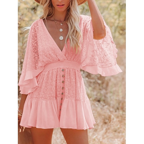 Damen Minikleid Spitzenkleid Weißes Kleid Mode Modern Outdoor Urlaub Ausgehen Normale Passform Einfach Dreiviertelarm V Ausschnitt Blau Hellrosa Schwarz Weiß Sommer Frühling Image