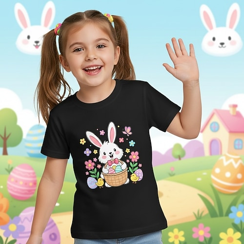100% Baumwolle Ostern Kinder Mädchen Blau Schwarz Weiß Grafik Kaninchen T-Shirt Rundhalsausschnitt Kurzarm Täglich Outdoor Streetwear Urlaub Sport Mode Drucken Sommer Frühling Image