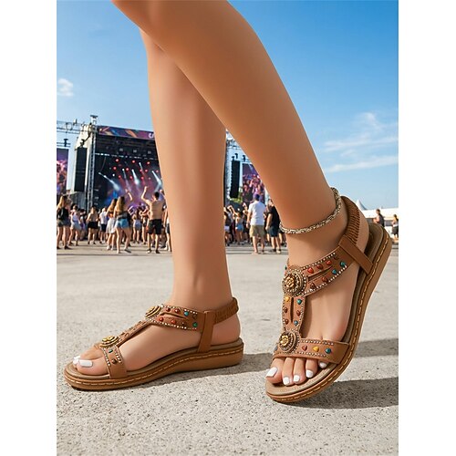 Blaue, perlenbesetzte T-Riemchen-Sandalen im Boho-Stil für Damen – flache Sommerschuhe mit ethnischem Medaillonmuster, ideal für Strandurlaub, Musikfestivals und entspannte Sightseeing-Touren. Image