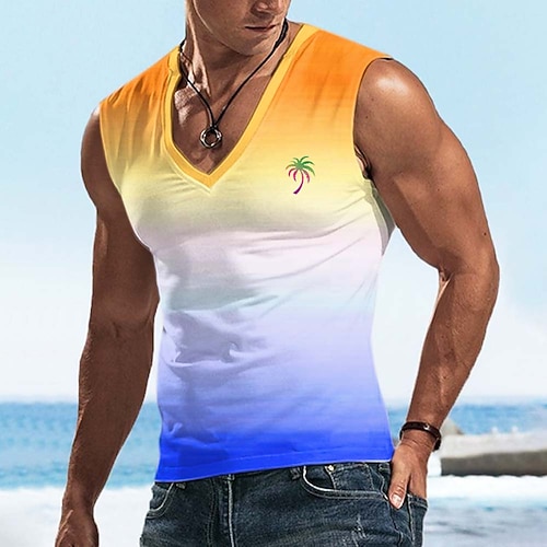 Herren Ombre Kokospalme T Shirt Ärmellos T-Shirt 3D-Druck V Ausschnitt Hemd Tropisch Outdoor Urlaub Hawaiianisch Blau Rote Purpur Sommer Frühling Bekleidung S M L XL XXL XXXL Image
