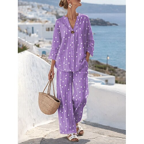 Damen Zweiteilige Sets Leinenähnliche Hosen Sets Bolero Oberteil 3/4 Ärmel V-Ausschnitt Grafik Polka-Dot-Druck Täglich Stylisch Casual Täglich Strand Blau Rosa Lila Sommer Reguläre Passform Image