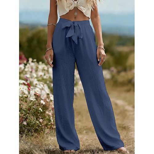 Damen 100% Baumwolle Weites Bein Hosen Hose Streetwear Lässig Lang Hohe Taille Einfach Tasche Hoher Schnitt Atmungsaktivität Weich Mikroelastisch Urlaub Straße Alltagskleidung Schwarz Weiß Hellgrün Image