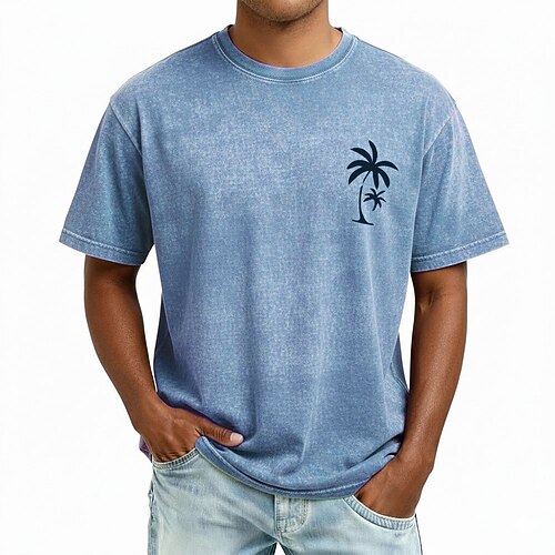 Herren Kokospalme T Shirt Kurzarm T-Shirt Säurewäsche Rundhalsausschnitt Hemd Vintage-Retro Lässig Strand Reise Blau Purpur Grau Sommer Frühling Bekleidung M L XL 2XL 3XL Image