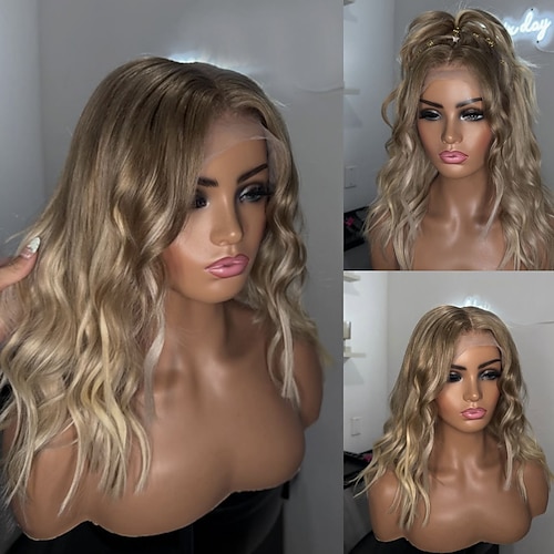 Echthaar 5x5 Verschluss 13x4 Spitzenfront Perücke Kurzer Bob Mittelscheitel Brasilianisches Haar Gewellt Blond Mehrfarbig Perücke 150% 180% Haardichte Ombre-Haar Hervorgehobenes / Balayage-Haar 100 Image