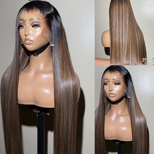 100 % Echthaar, 13x4 Lace-Front-Perücke mit Mittelscheitel, brasilianisches, glattes, aschblondes Haar mit braunen Highlights, mehrfarbige Perücke mit Babyhaaren, Ombré-Effekt, natürlicher Haaransatz, Image