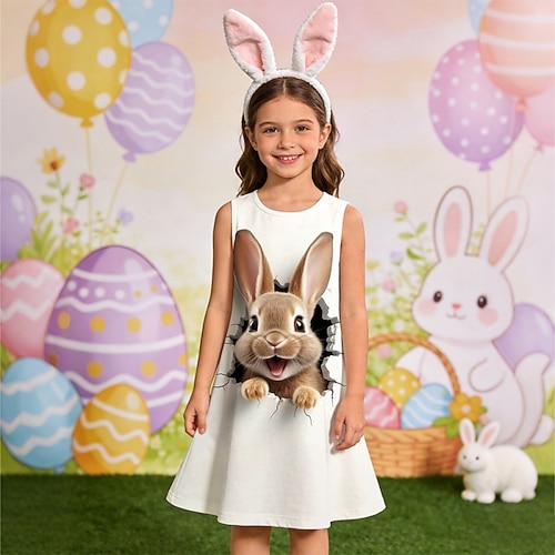 Ostern Mädchen' 3D Grafik Kaninchen Kleid Ärmellos 3D-Druck Sommer Frühling Täglich Urlaub Party Lässig Prinzessin Schön Kinder 4-12 Jahre Freizeitkleid Shiftkleid Knielang Normale Passform Image