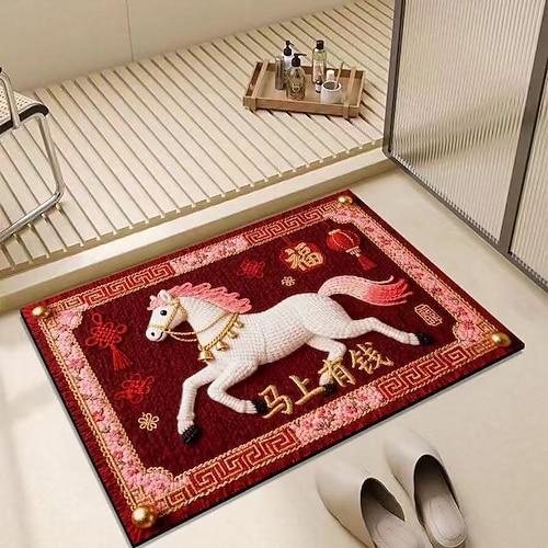 Rote Badematte zum chinesischen Neujahr, Jahr des Pferdes, weiche Kieselgurmatte, festlich, saugfähig, rutschfest, für WC und Dusche Image