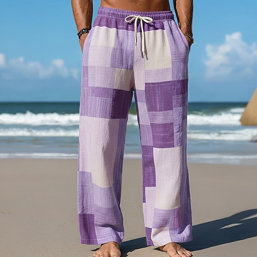Herren Geometrisch Farbblock Patchwork Hose Baggy-Hosen Freizeithose Mittlere Taille Mode Heim Outdoor Urlaub Elastischer Kordelzug in der Taille Leinenähnliche Hose mit Taschen Sommer Frühling Image