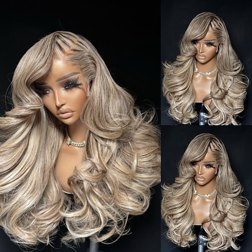 Brasilianisches Echthaar, aschblond gesträhnt, 5x5 Lace Closure Perücke, 13x4 Lace Front Echthaarperücke, freier Scheitel, gewellt mit Babyhaaren und natürlichem Haaransatz Image