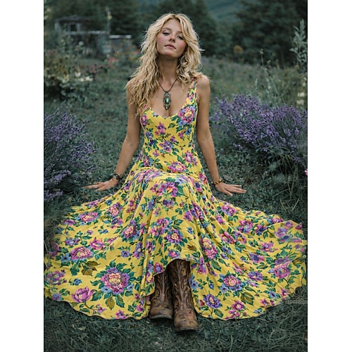 Damen Midikleid Freizeitkleid Schwingkleid Sommerkleid Boho-Kleid Vintage Strand Normale Passform Blumen Grafik Ärmellos Rundhalsausschnitt Blau Schwarz Gelb Rosa Sommer Frühling Image