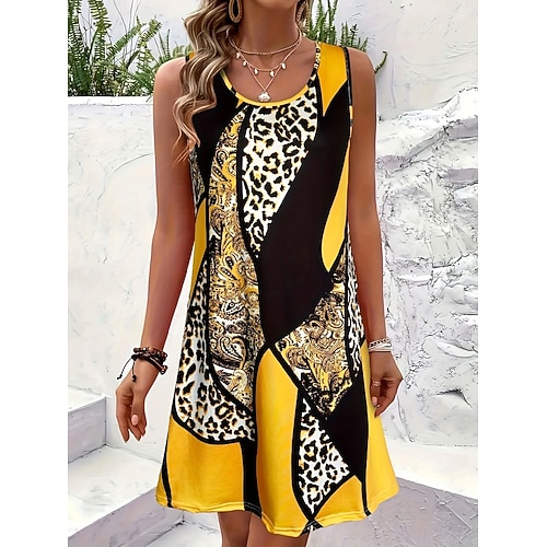 Damen Knielanges Kleid Sommerkleid A Linie Kleid Urlaub Lässig Boho Strand Party Hochzeit Normale Passform Grafik Leopard Geometrisch Ärmellos U-Ausschnitt Gelb Rote Orange Beige Sommer Frühling Image