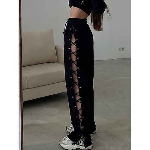 Damen Weites Bein Chinos Elegant Vintage Mode Volle Länge Mittlere Taillenlinie Einfarbig Patchwork Elastischer Bund Loch Bequem Atmungsaktiv Unelastisch Täglich Outdoor Urlaub Schwarz Weiß Sommer Image