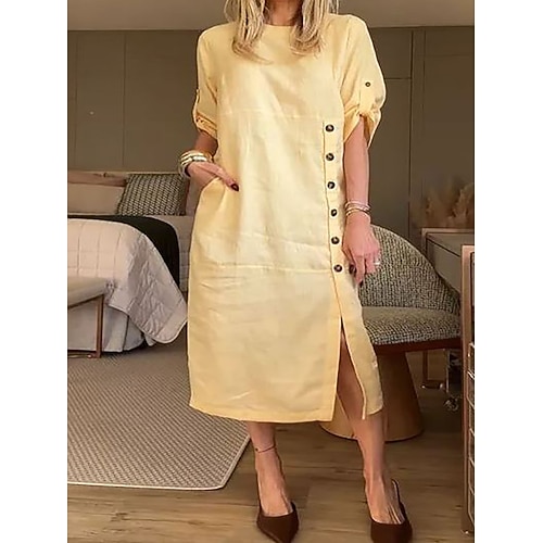 Damen Midikleid Baumwoll-Leinen-Kleider Shiftkleid Freizeitkleid Elegant Mode Modern Täglich Outdoor Urlaub Normale Passform Einfach Dreiviertelarm Rundhalsausschnitt Gelb Rote Marineblau Braun Image