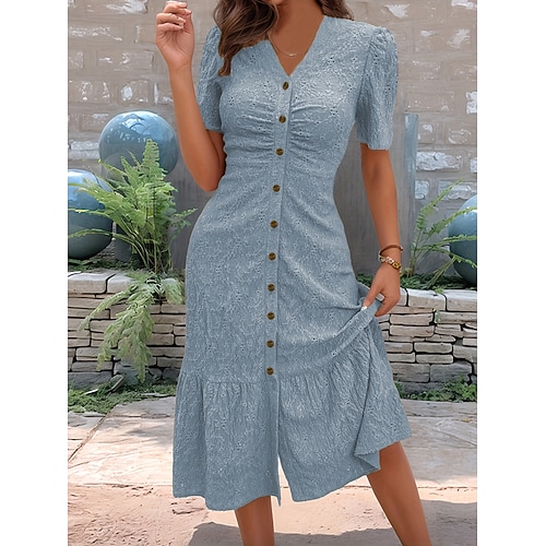Damen Midikleid A Linie Kleid Urlaub Lässig Outdoor Ausgehen Normale Passform Einfarbig Kurzarm V Ausschnitt Hellgrün Marineblau Himmelblau Grün Sommer Frühling Image