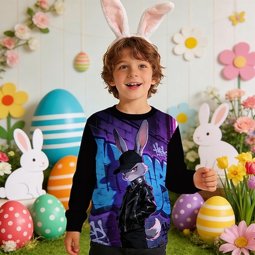 Ostern Jungen 3D Grafik Kaninchen Sweatshirt Pullover Langarm 3D-Druck Frühling Herbst Aktiv Mode Streetwear Kinder 4-12 Jahre Rundhalsausschnitt Lässig Täglich Outdoor Normale Passform Image