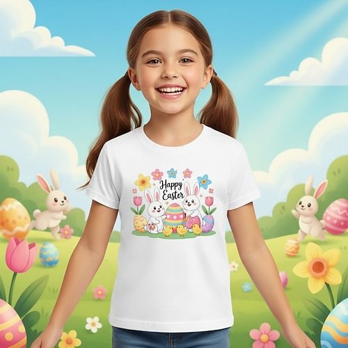 100% Baumwolle Ostern Kinder Mädchen Blau Schwarz Weiß Grafik Kaninchen T-Shirt Rundhalsausschnitt Kurzarm Täglich Outdoor Streetwear Sport Mode Lässig Drucken Sommer Frühling Image