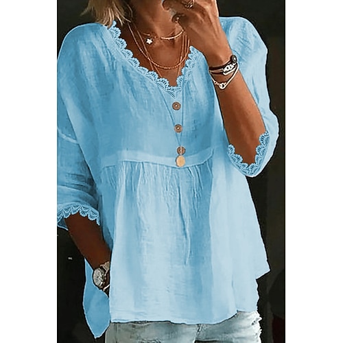 Damen Hemd Baumwoll Mischung Bluse Gerafft Einfach Basic Modern Lässig Dreiviertelarm V Ausschnitt Normale Oberteile Täglich Ferien Ausgehen Weiß Rosa Leicht Blau Sommer Image