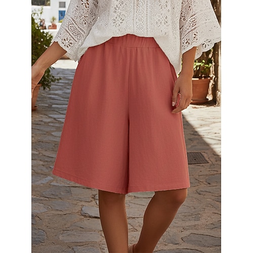Damen Weites Bein Shorts Schnitt Bermudashorts Basic Lässig Boho Knielang Mittlere Taillenlinie Einfach Elastischer Bund Komfort Unelastisch Täglich Outdoor Urlaub Schwarz Rote Marinenblau Grün Image