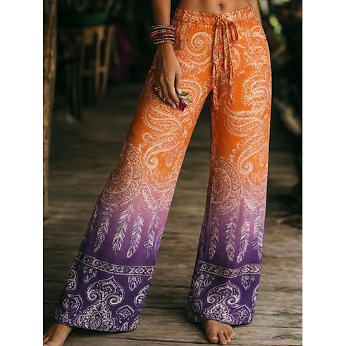 Damen Weites Bein Hosen Hose Urlaub Mode Boho Volle Länge Mittlere Taille Grafik Paisley-Muster Tasche Elastischer Bund Druck Bequem Atmungsaktivität Unelastisch Täglich Outdoor Urlaub Orange Sommer Image
