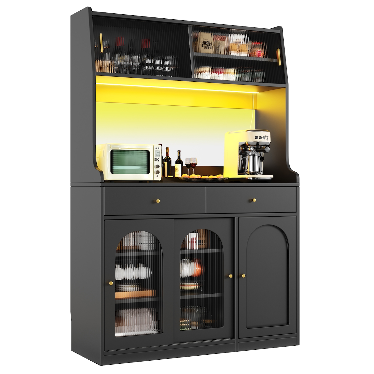 OKWISH Hochschrank Buffetschrank Vitrine 120x40x180 cm Schwarz mit LED-Beleuchtung App-Steuerung, 2 Schubladen, Glas-Schiebetüren, verstellbare Ablagen Image