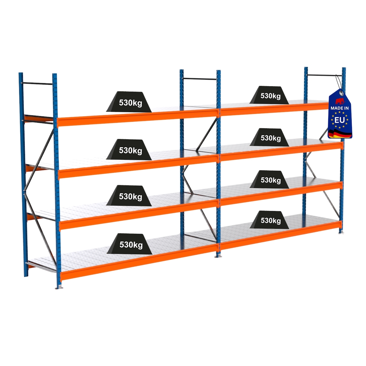 PROREGAL Industrie Schwerlastregal MAXIMUS PRO, Komplettregal, HxBxT 250x500x80cm, 4 Ebenen, Stahlplatten-Fachboden, Fachlast 530 kg, Blau/Orange Image
